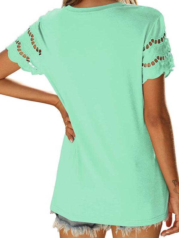 Solid Color Lace Sleeve Knit T-shirt - Serenity Land fashion