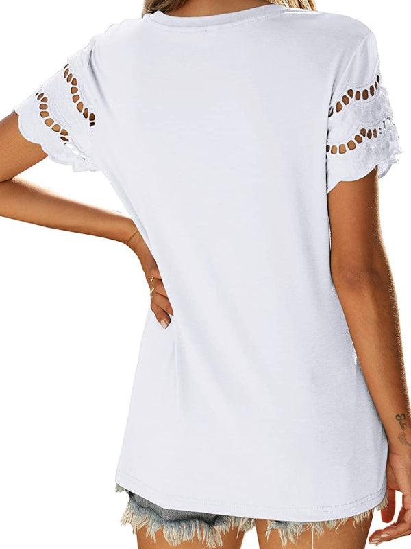 Solid Color Lace Sleeve Knit T-shirt - Serenity Land fashion