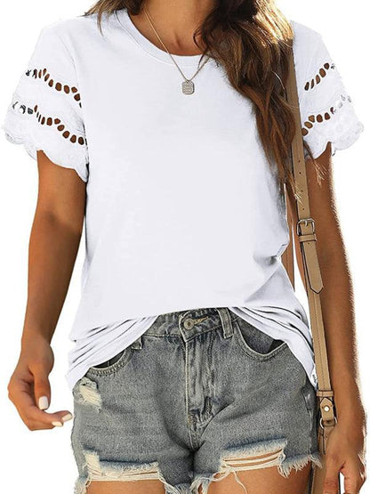 Solid Color Lace Sleeve Knit T-shirt - Serenity Land fashion