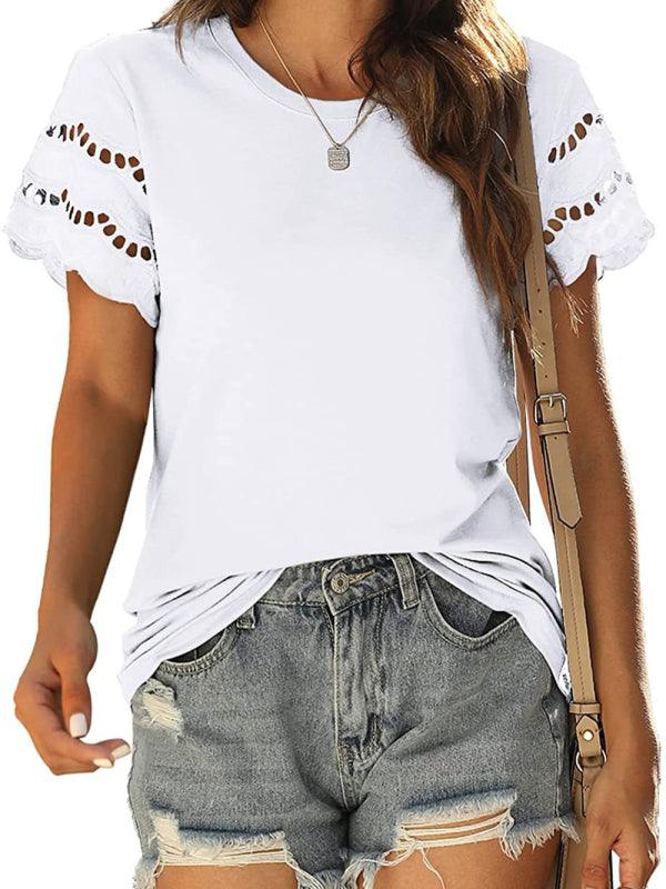 Solid Color Lace Sleeve Knit T-shirt - Serenity Land fashion