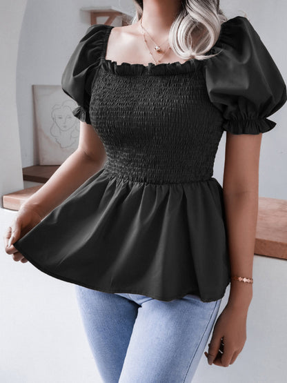 Solid Color Balloon Sleeve Hem Ruffle Chiffon Shirt Top - Serenity Land fashion