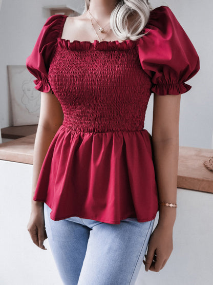 Solid Color Balloon Sleeve Hem Ruffle Chiffon Shirt Top - Serenity Land fashion