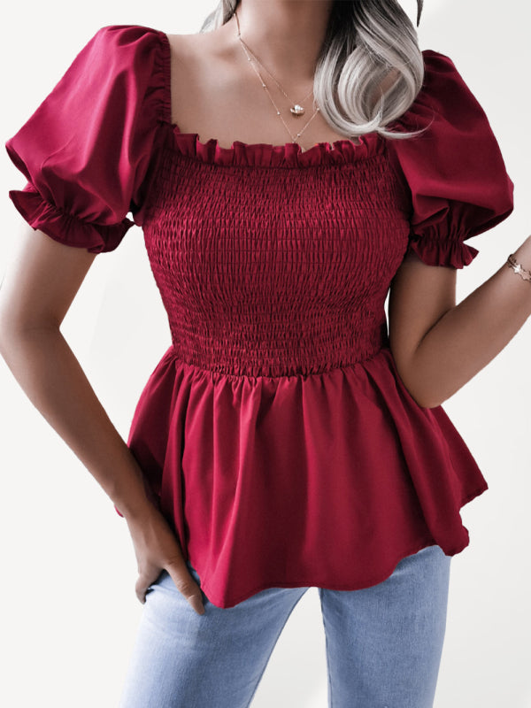 Solid Color Balloon Sleeve Hem Ruffle Chiffon Shirt Top - Serenity Land fashion