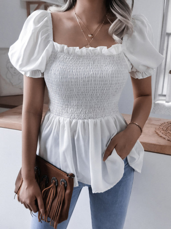 Solid Color Balloon Sleeve Hem Ruffle Chiffon Shirt Top - Serenity Land fashion