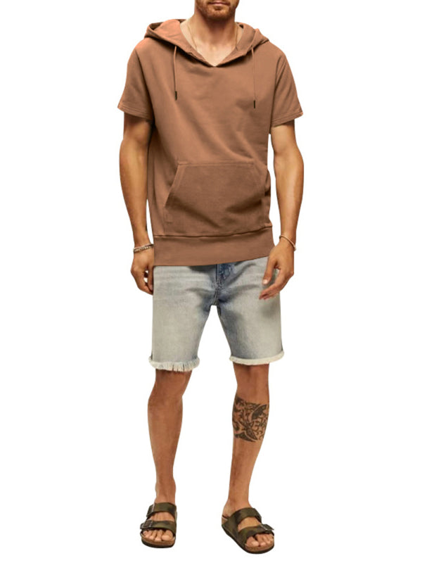 Solid Color Short Sleeve Hoodie - Serenity Land fashion