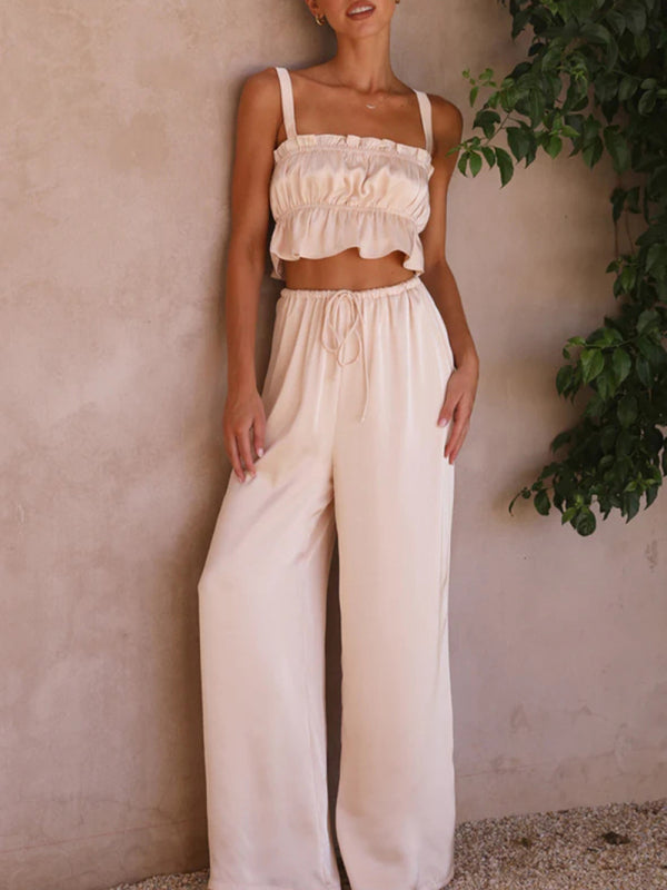 Women's Ruffle Crop Top With Matching Wide-leg Pants