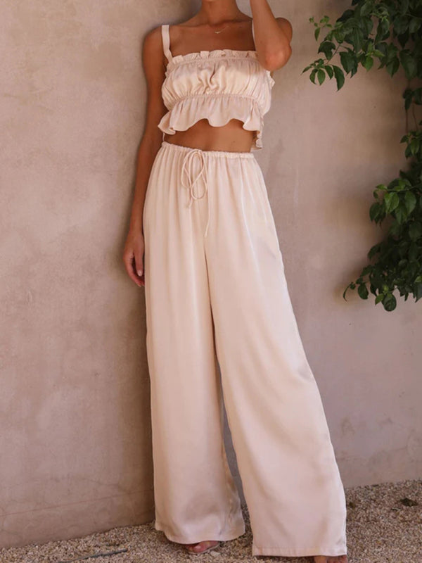 Women's Ruffle Crop Top With Matching Wide-leg Pants