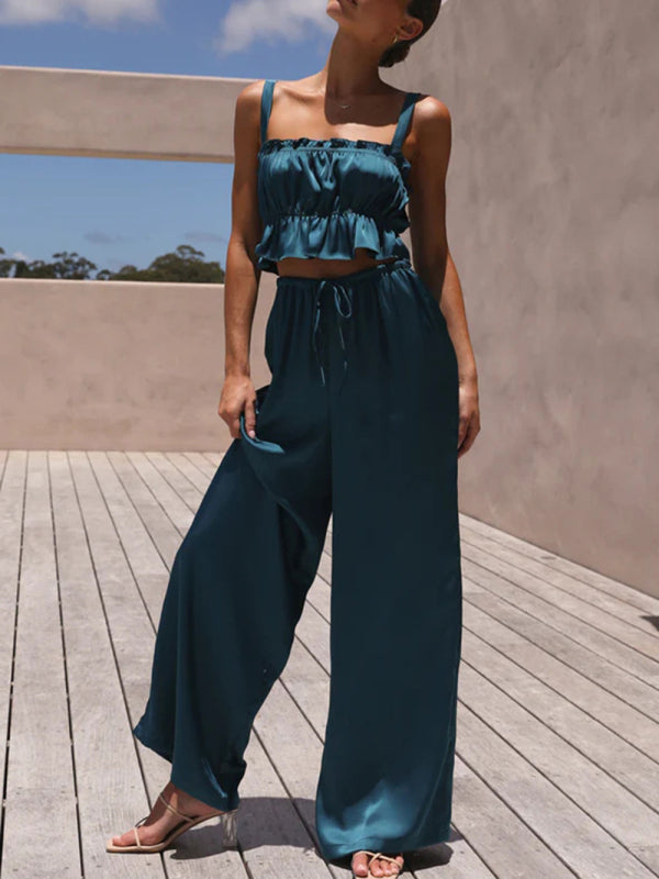 Women's Ruffle Crop Top With Matching Wide-leg Pants