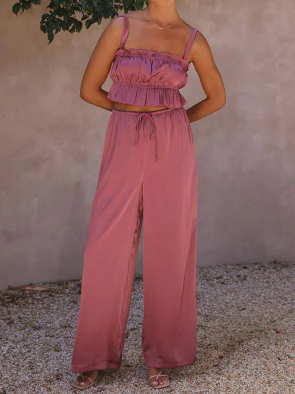 Women's Ruffle Crop Top With Matching Wide-leg Pants