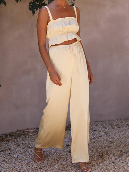 Women's Ruffle Crop Top With Matching Wide-leg Pants