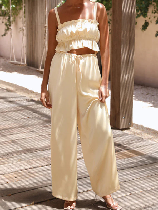 Women's Ruffle Crop Top With Matching Wide-leg Pants