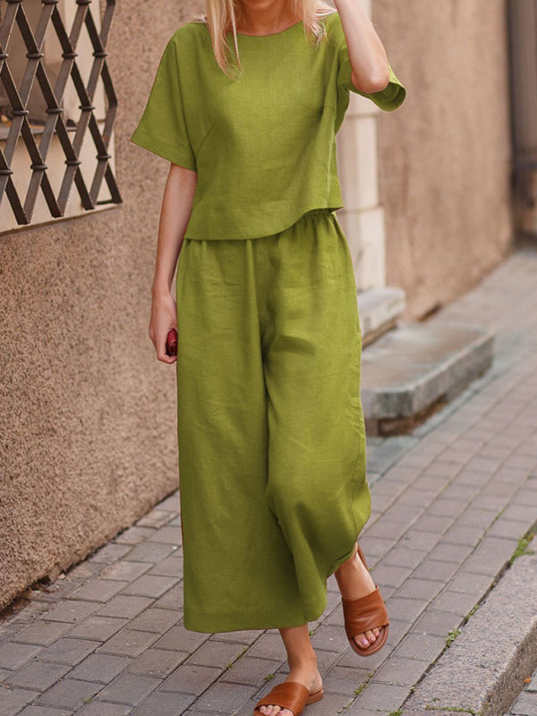 Women's Loose Solid Color Shirt & Trousers Two-Piece Set