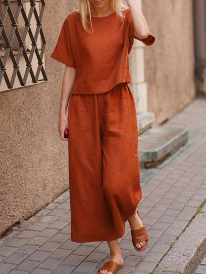 Women's Loose Solid Color Shirt & Trousers Two-Piece Set
