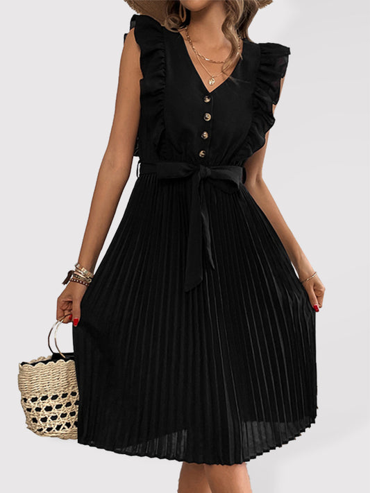Solid Color Ruffle Summer Pleated Sleeveless Dress - Serenity Land fashion