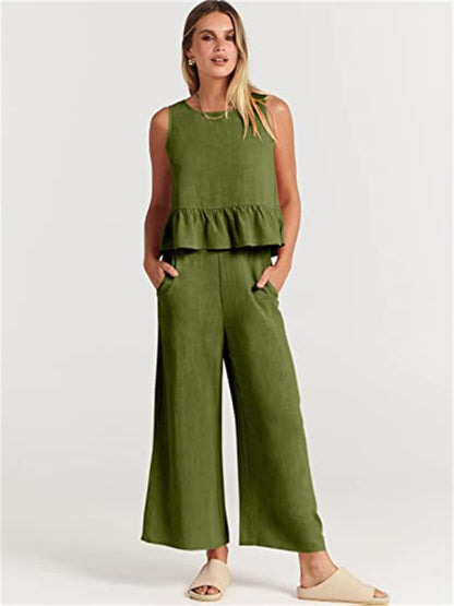 Women's Ruffle Sleeveless Top With Matching Wide-leg Pants