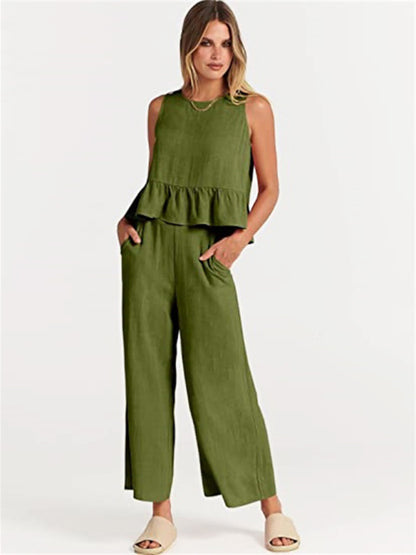 Women's Ruffle Sleeveless Top With Matching Wide-leg Pants