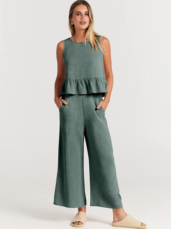 Women's Ruffle Sleeveless Top With Matching Wide-leg Pants