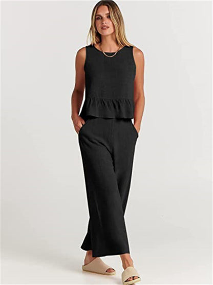 Women's Ruffle Sleeveless Top With Matching Wide-leg Pants