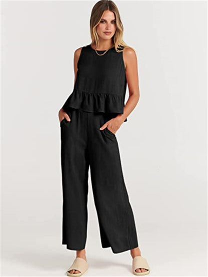 Women's Ruffle Sleeveless Top With Matching Wide-leg Pants