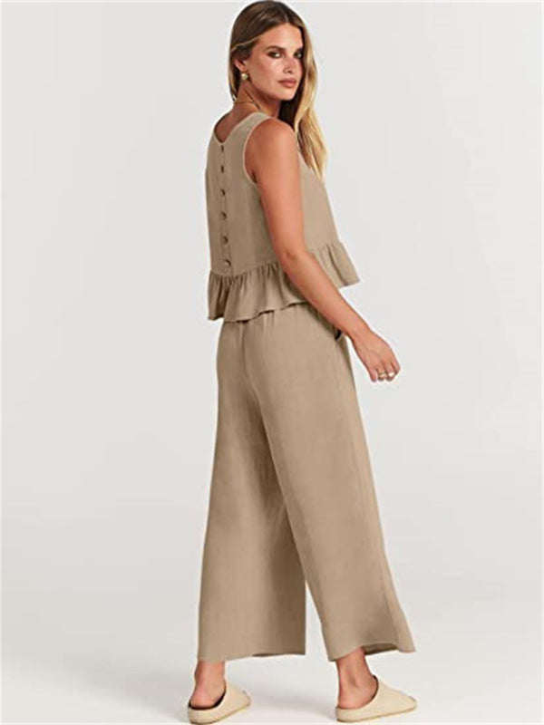 Women's Ruffle Sleeveless Top With Matching Wide-leg Pants