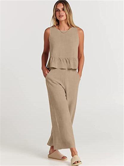 Women's Ruffle Sleeveless Top With Matching Wide-leg Pants