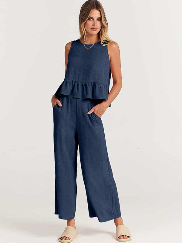 Women's Ruffle Sleeveless Top With Matching Wide-leg Pants