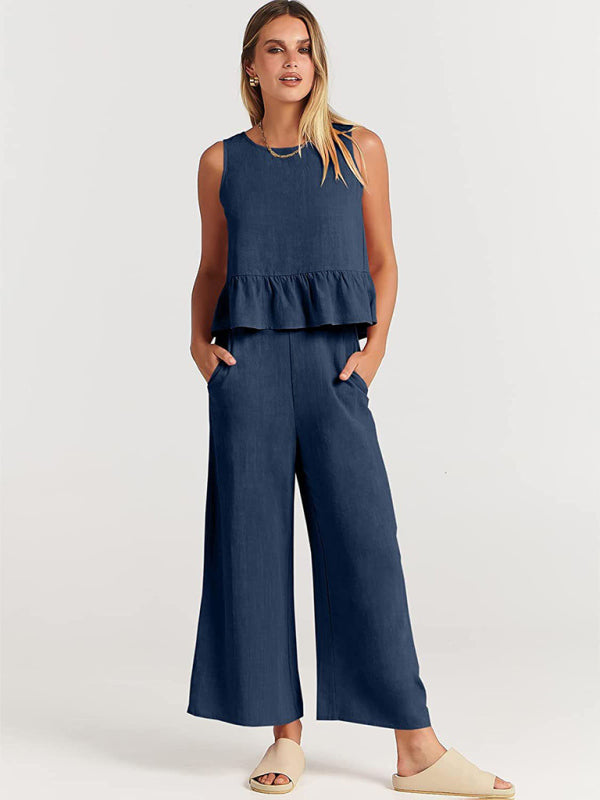 Women's Ruffle Sleeveless Top With Matching Wide-leg Pants