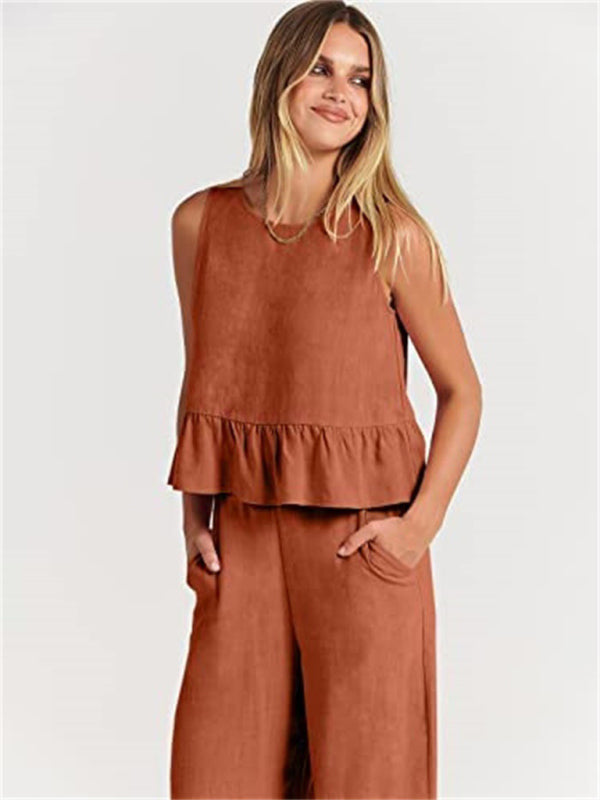 Women's Ruffle Sleeveless Top With Matching Wide-leg Pants