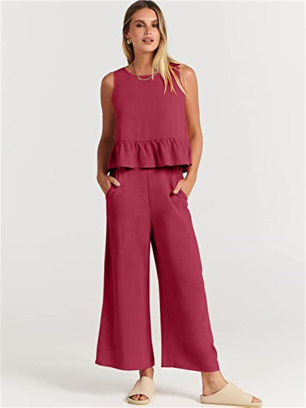 Women's Ruffle Sleeveless Top With Matching Wide-leg Pants