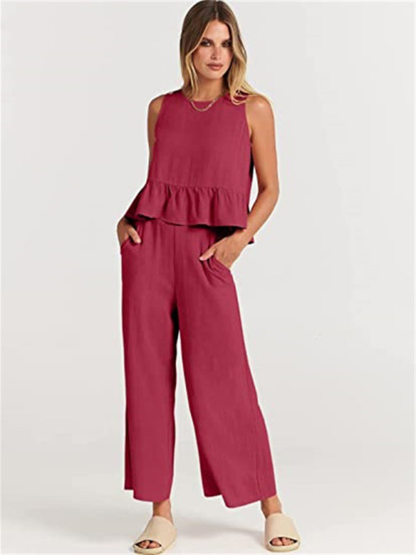 Women's Ruffle Sleeveless Top With Matching Wide-leg Pants