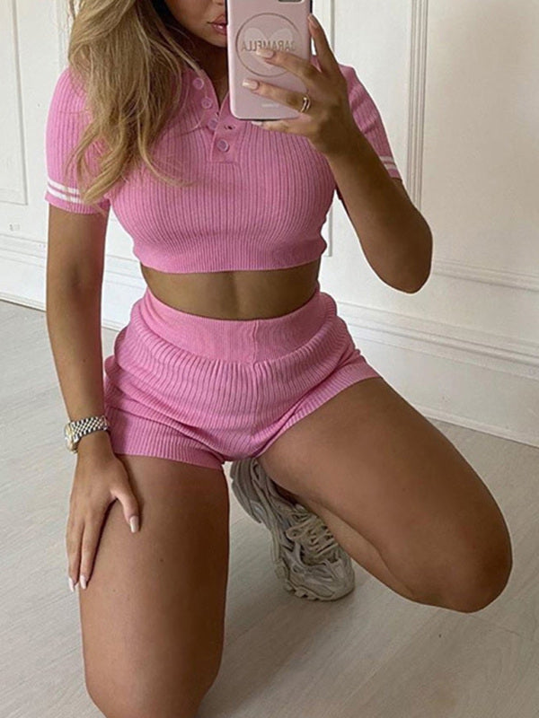 Women’s Ribbed Cap Sleeve Crop Top With Matching Shorts