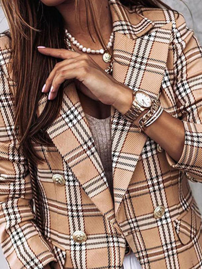 Long-sleeved double-breasted plaid-print blazer - Serenity Land fashion