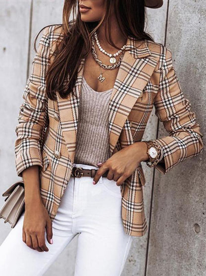 Long-sleeved double-breasted plaid-print blazer - Serenity Land fashion