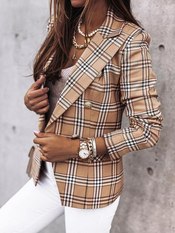 Long-sleeved double-breasted plaid-print blazer - Serenity Land fashion