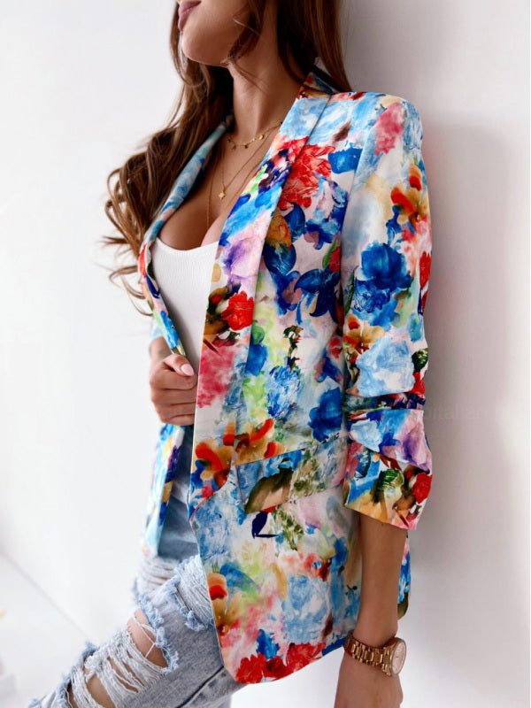 Women's Floral Print Open Front Blazer - Serenity Land fashion