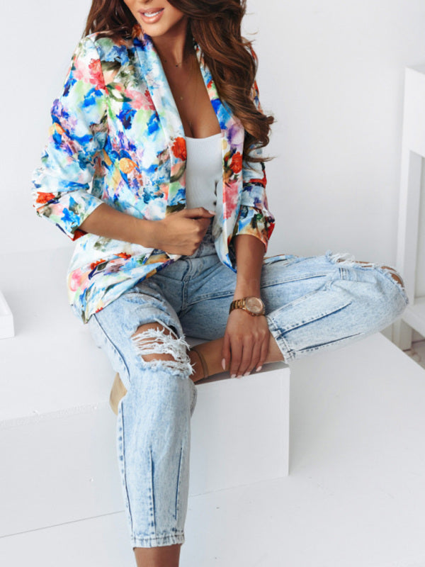 Women's Floral Print Open Front Blazer - Serenity Land fashion