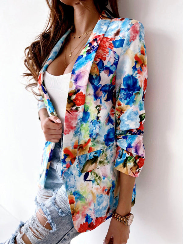 Women's Floral Print Open Front Blazer - Serenity Land fashion