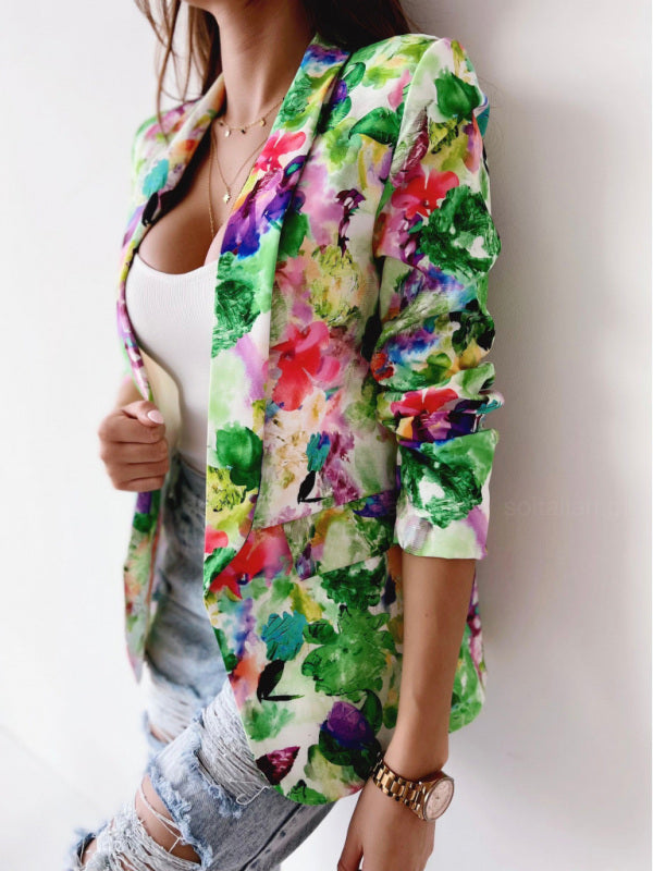 Women's Floral Print Open Front Blazer - Serenity Land fashion