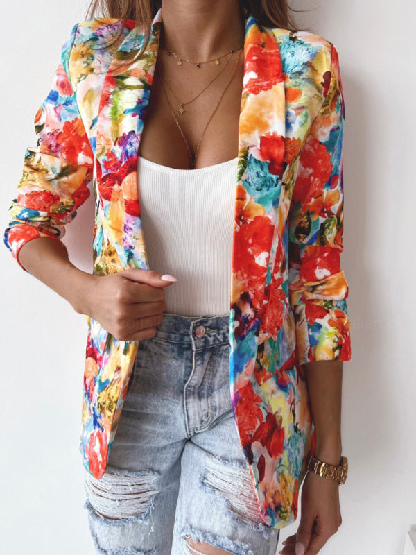 Women's Floral Print Open Front Blazer - Serenity Land fashion