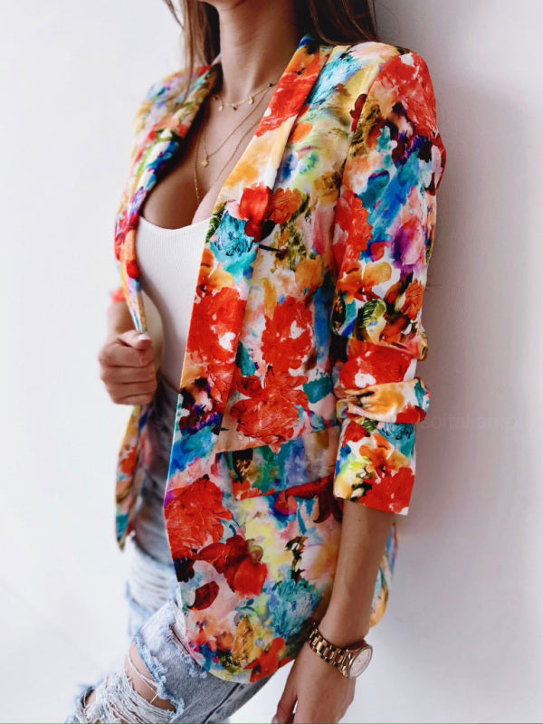 Women's Floral Print Open Front Blazer - Serenity Land fashion