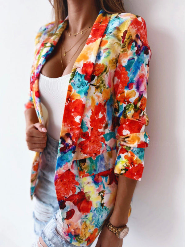 Women's Floral Print Open Front Blazer - Serenity Land fashion