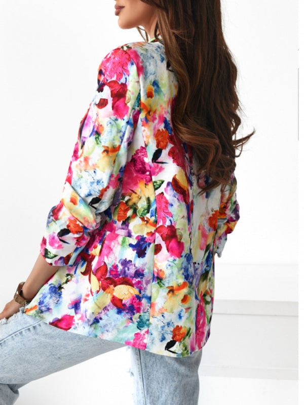 Women's Floral Print Open Front Blazer - Serenity Land fashion