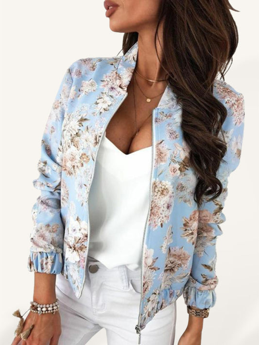 Women’s Floral Print Full Zip Bomber Jacket - Serenity Land fashion