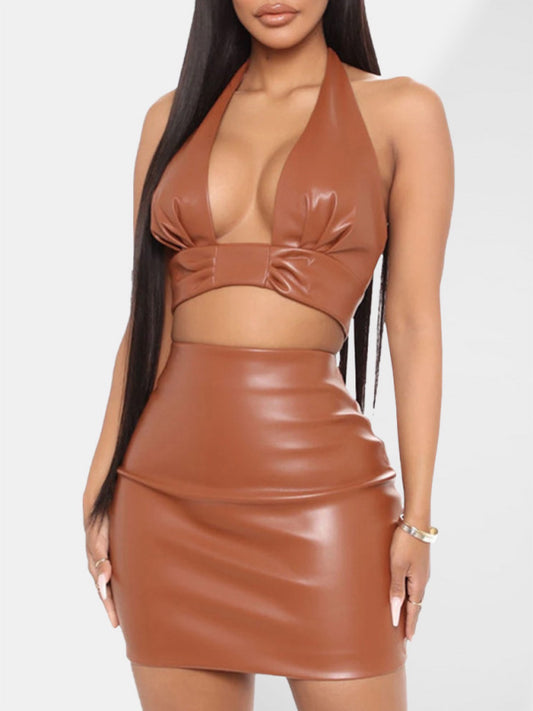 Faux Leather Crop Halter Top With Matching Skirt