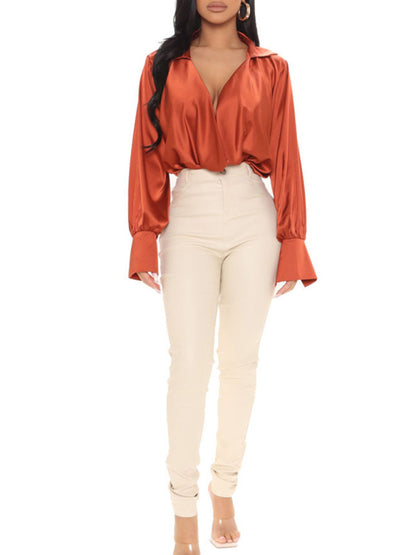 Solid Color Long Sleeve Satin Cowl Neck Blouse - Serenity Land fashion