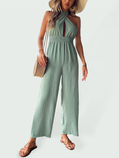 Solid Color Cutout Halter Jumpsuit - Serenity Land fashion