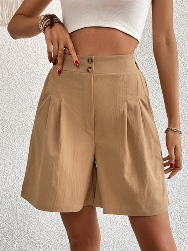 Solid Color Pleated High Waist Linen Shorts - Serenity Land fashion