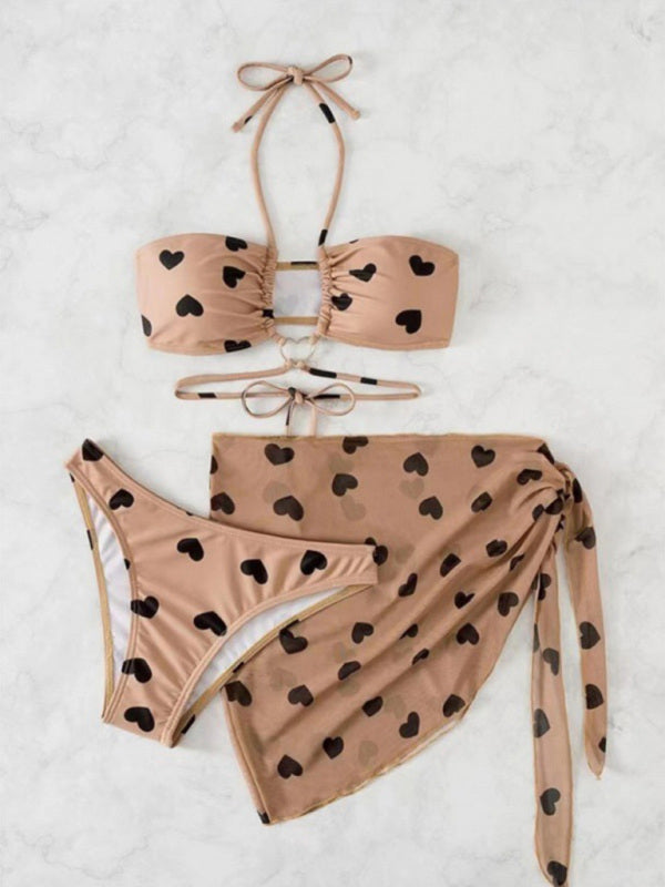 love print two-piece bikini three-piece set - Serenity Land fashion
