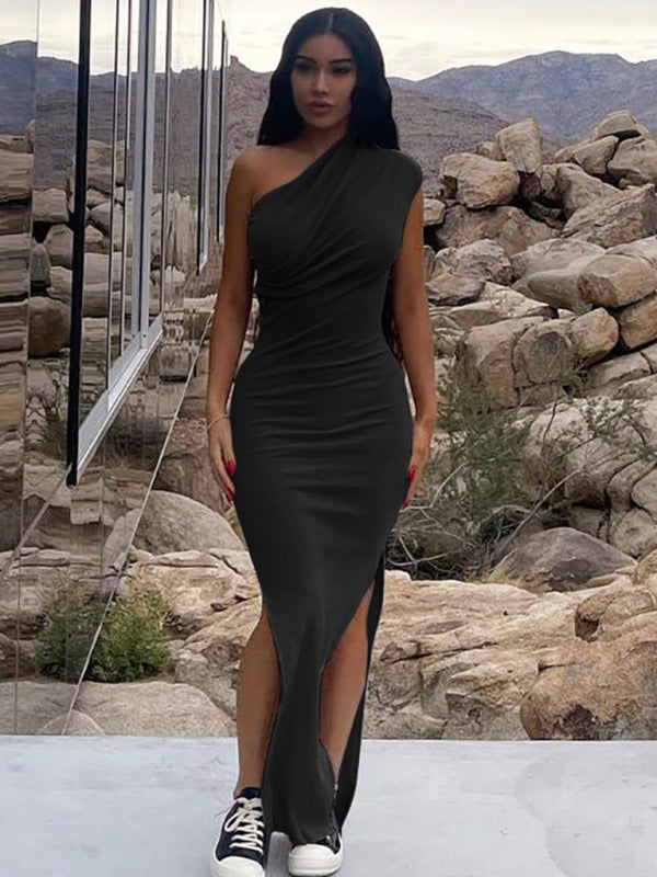 Casual Pleated Shoulder Slit Slim Dress - Serenity Land fashion