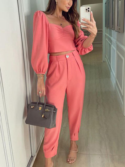 Square collar top high waist trousers two-piece set - Serenity Land fashion